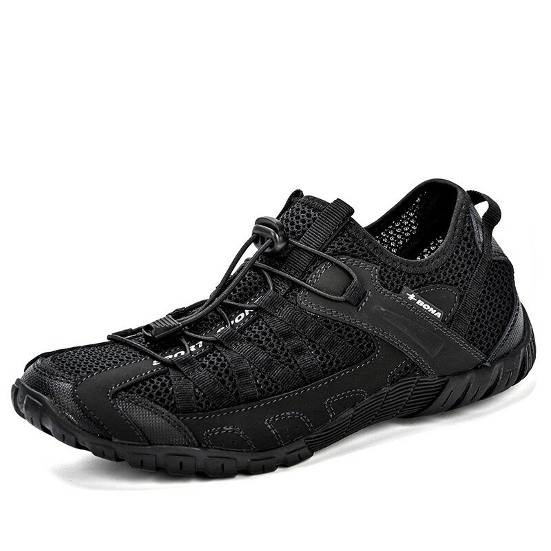 Lightweight breathable mesh black sneakers for men, featuring flexible rubber soles and elastic band closure, perfect for sports and adventures.