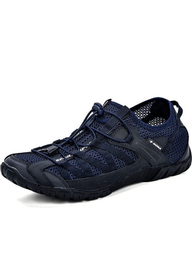 Breathable mesh flexible men's sneakers, lightweight sports footwear with elastic band and PU insole in navy blue - SF0758.