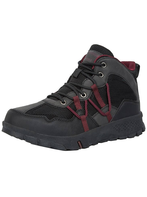 Men's breathable mesh hiking shoes with EVA insole, black and red design, offers comfort and stability for outdoor adventures.
