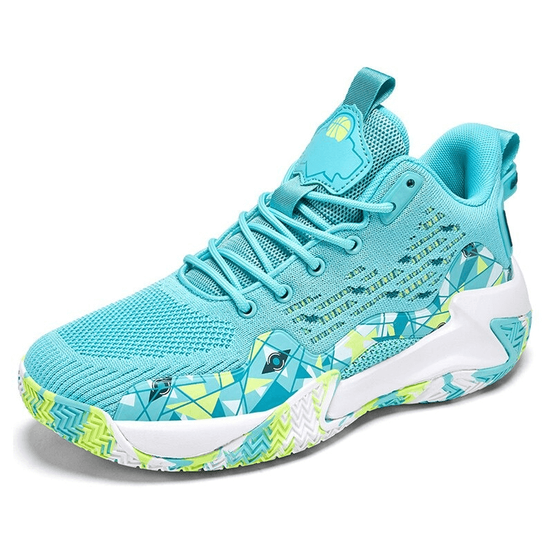 Aqua breathable mesh sports shoe with cushioning, featuring vibrant geometric design and EVA insole for comfort and performance.