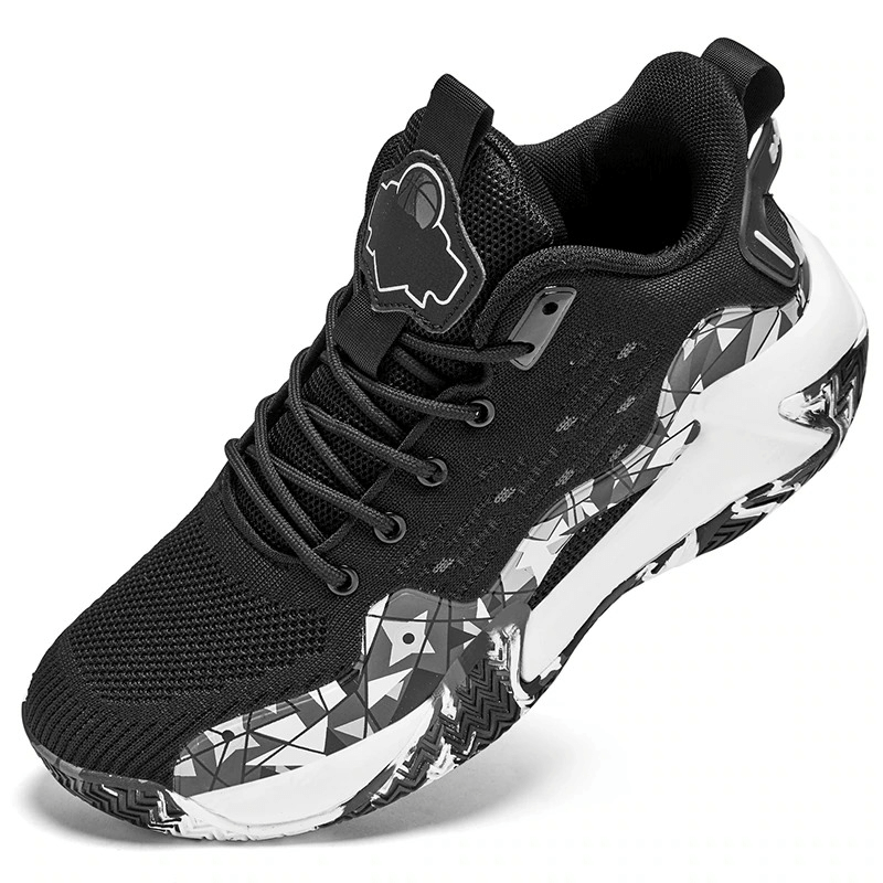 Breathable mesh sports shoes with cushioning, black design, featuring EVA insole and rubber outsole for traction, SF0706 model
