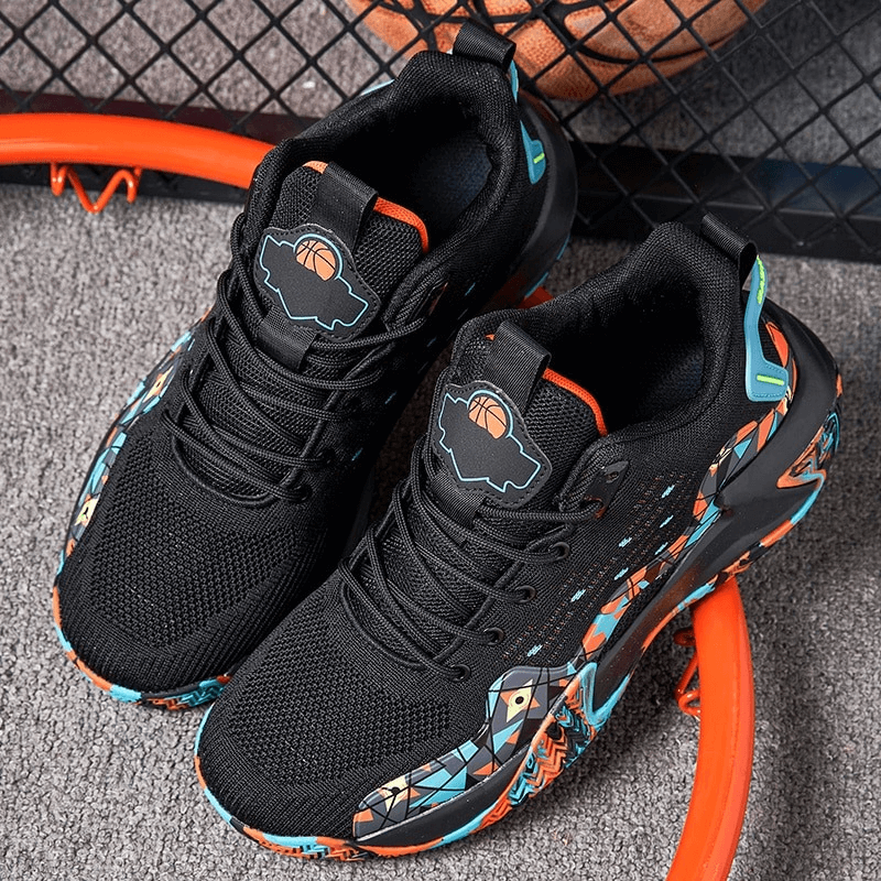 Vibrant black mesh sports shoes with colorful accents, featuring cushioning and perforated designs for breathability and style.