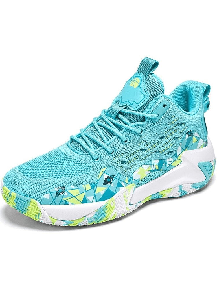 Stylish breathable mesh sports shoe with ForMotion technology, medium-cut height, EVA cushioning, and vibrant geometric cut-out design.