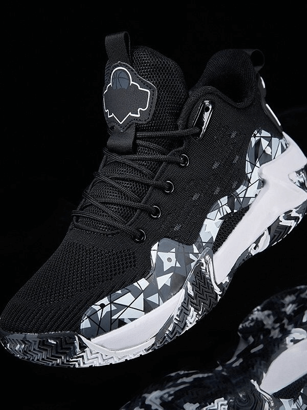 Breathable mesh sports shoes with cushioning, black geometric design, featuring EVA insole and rubber outsole for traction, SF0706.