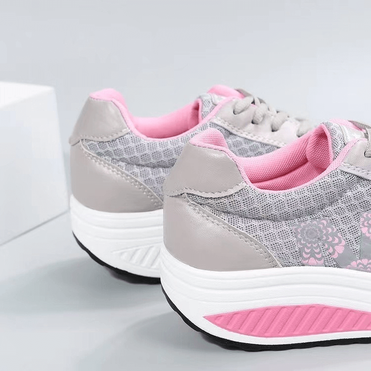 Gray and pink breathable mesh thick bottom sneakers, perfect for casual wear, showcasing air mesh upper and stylish design.