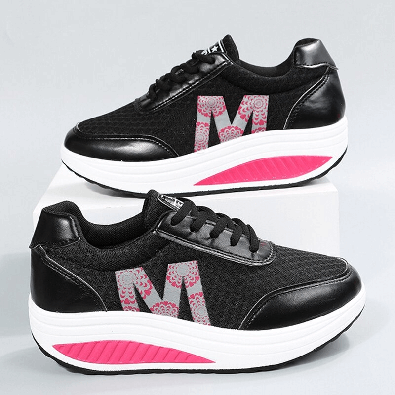 Stylish black breathable mesh thick-bottom sneakers with pink accents and lace-up design for women, model SF0262.