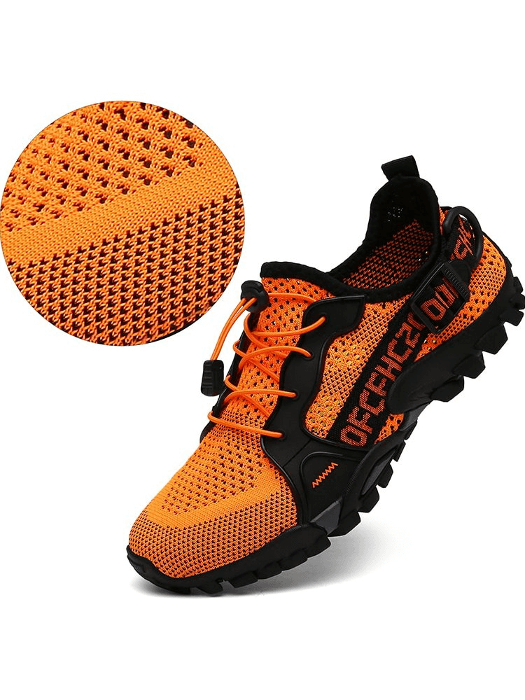 Orange breathable mesh trekking shoes with rubber outsole and elastic band, unisex design, ideal for outdoor activities - SF0756