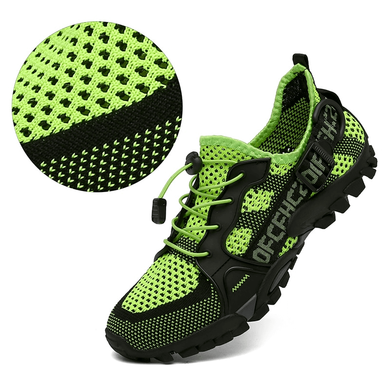 Neon green breathable mesh trekking shoes with black accents, perfect unisex sports sneakers for outdoor adventures, model SF0756.