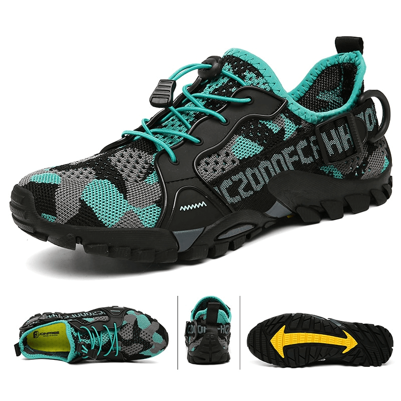 Unisex breathable mesh trekking shoes with elastic band, rubber sole, and stylish design in black and turquoise.