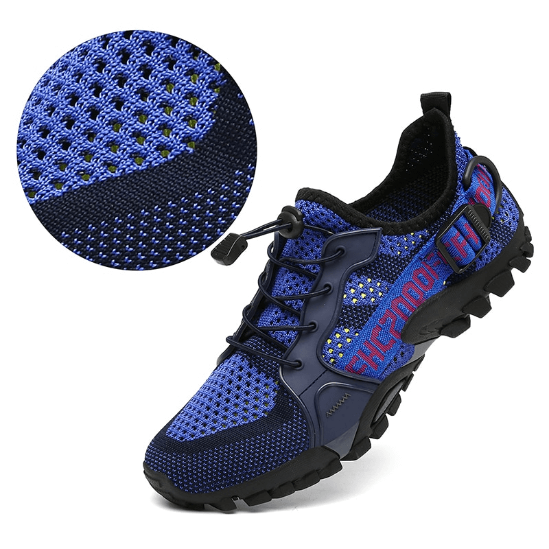 Breathable Mesh Trekking Shoes in blue, featuring lightweight mesh material and rubber outsole for traction. Perfect unisex sneakers for outdoor activities.