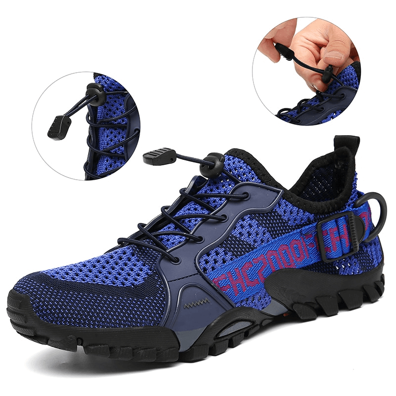 Breathable mesh trekking shoe with elastic closure, highlighted by close-ups of lacing and blue design. Unisex sports sneaker SF0756.