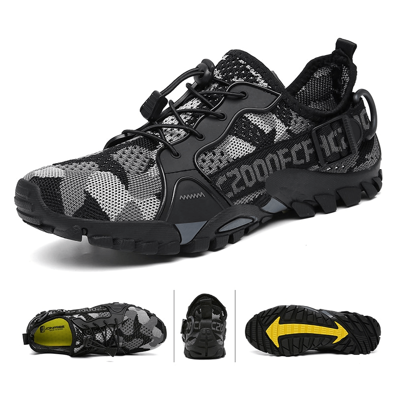 Unisex breathable mesh trekking shoes SF0756 with durable rubber outsole and elastic band closure, perfect for outdoor sports adventures.
