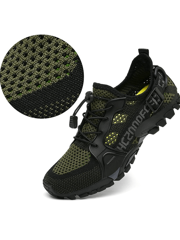 Unisex Breathable Mesh Trekking Shoes in black and green with rubber outsole for outdoor sports SF0756