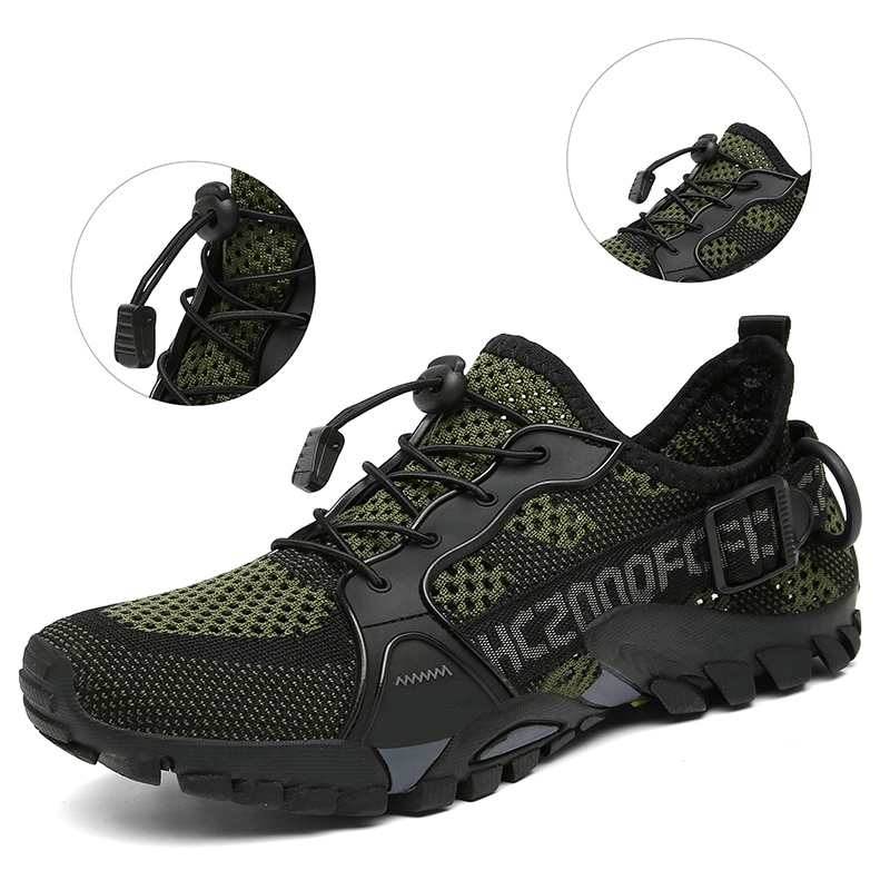 Breathable Mesh Trekking Shoes SF0756 in black and green with rubber outsole and elastic closure for outdoor adventures.