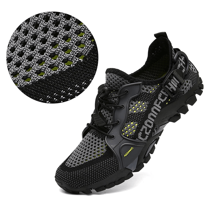 Breathable mesh trekking shoes for outdoor adventures, featuring a durable rubber outsole and elastic band closure for maximum comfort.
