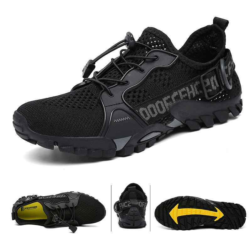 Alt Tag: Black breathable mesh trekking shoes with rubber outsole for traction, featuring elastic band closure and unisex design.