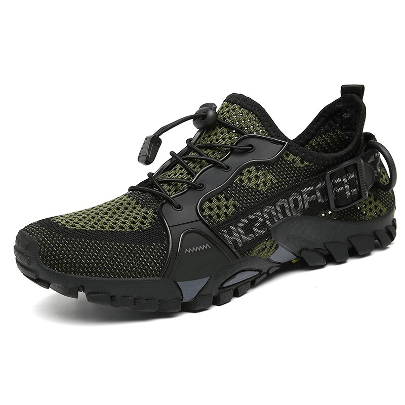 Breathable Mesh Trekking Shoes SF0756, unisex sports sneakers in green and black, perfect for outdoor adventures with rubber outsole for traction.
