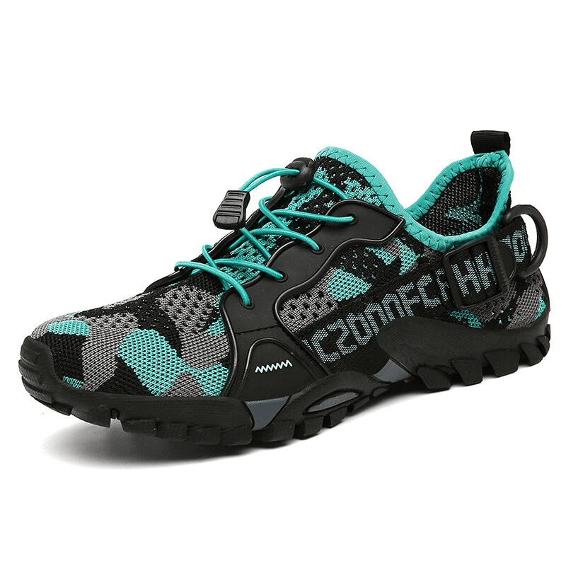 Unisex breathable mesh trekking shoe with teal and black design, featuring elastic band closure and rugged rubber outsole for outdoor adventures.