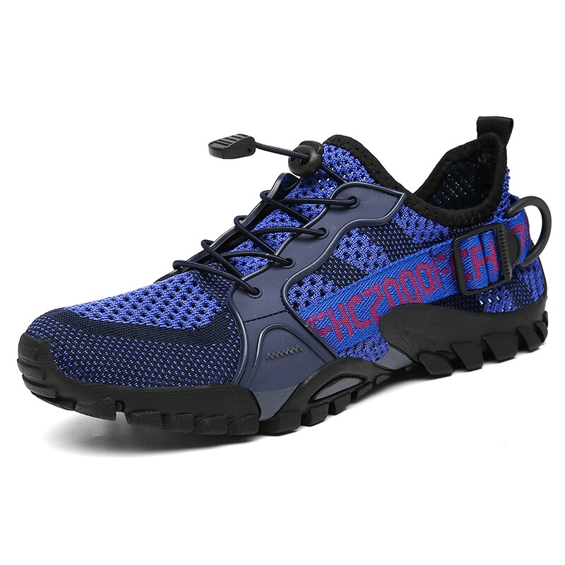 Blue breathable mesh trekking shoes with elastic band closure, unisex sports sneakers featuring durable rubber outsole for outdoor adventures.