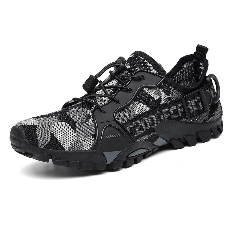 Breathable mesh trekking shoe with rubber outsole and camo design, perfect for outdoor adventures. Unisex sports sneaker SF0756.