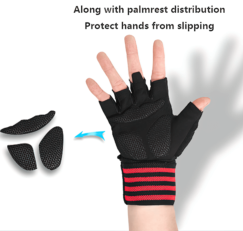 Breathable non-slip men's gloves with adjustable clasp, showing palmrest features and finger-free design for workout comfort.