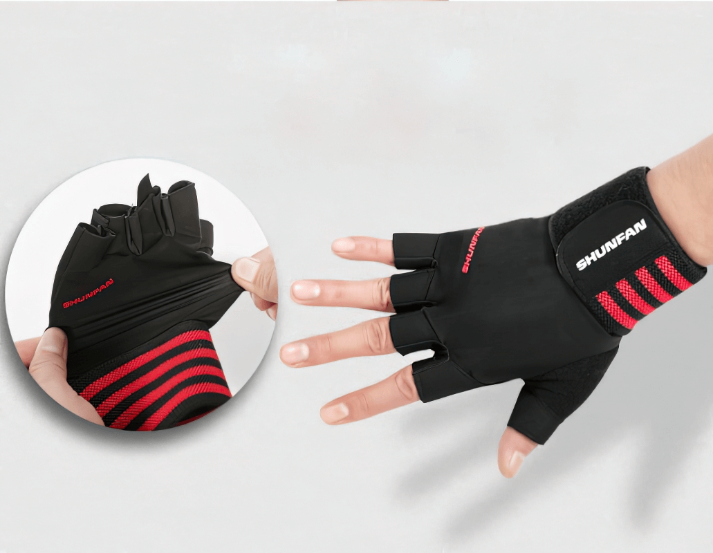 Breathable non-slip elastic men's glove with adjustable clasp, black and red half-finger design perfect for training.