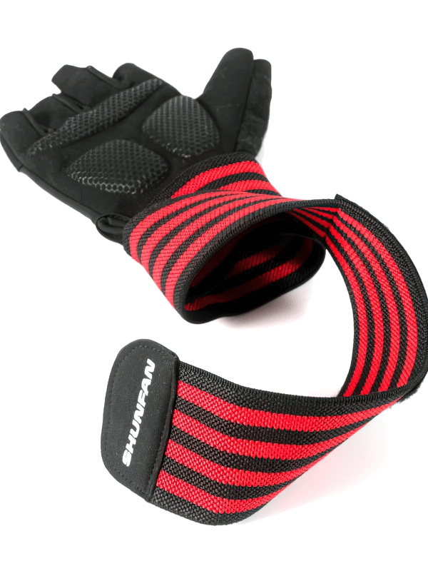 Breathable non-slip men's glove with adjustable clasp, shown in black with red stripes, designed for training and outdoor activities.
