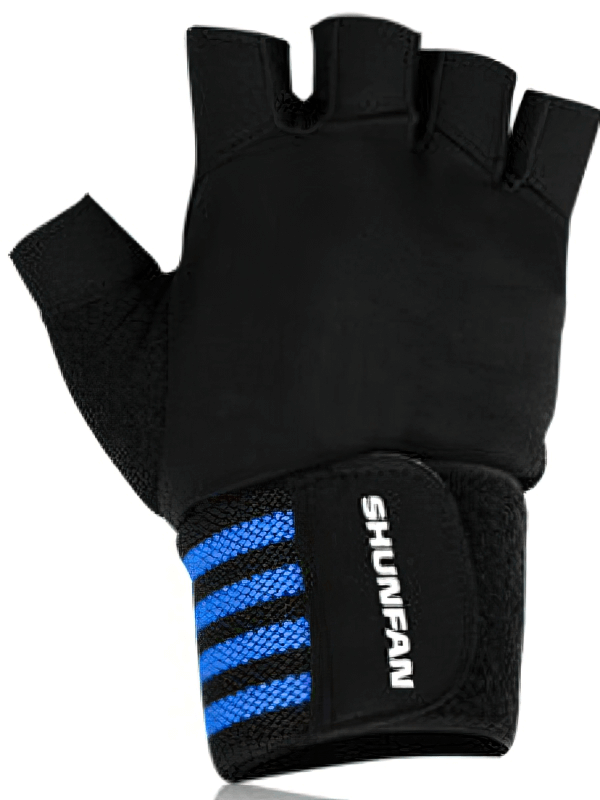 Black breathable non-slip elastic men's glove with blue adjustable clasp for training and workouts.