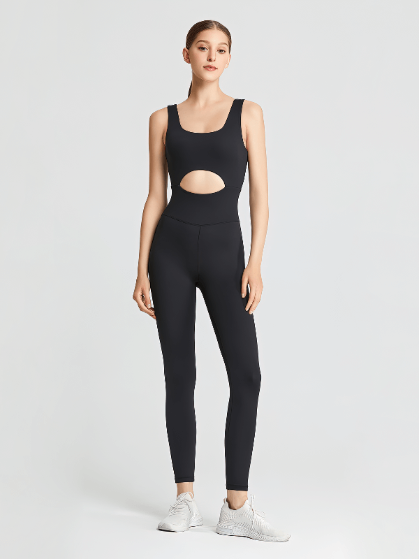 Breathable Quick Dry Women's V-Back Sleeveless Yoga Jumpsuit in black, perfect for workouts, showcasing anti-pilling and stretch features.