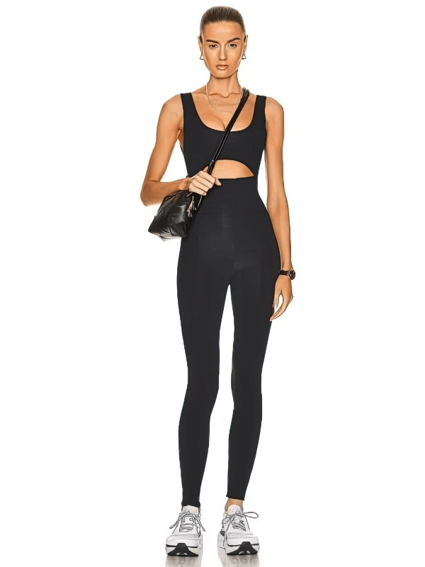 Breathable quick dry elastic V-back sleeveless yoga jumpsuit in black, perfect for women's workout, features anti-pilling fabric.
