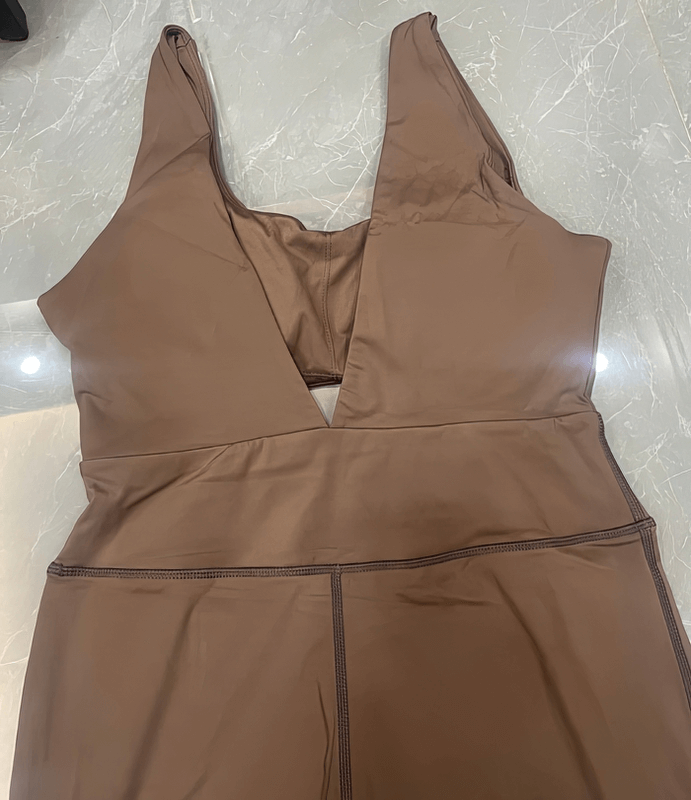 Breathable V-back sleeveless yoga jumpsuit in brown with quick dry, elastic material for optimal stretch and comfort, style SF1022.