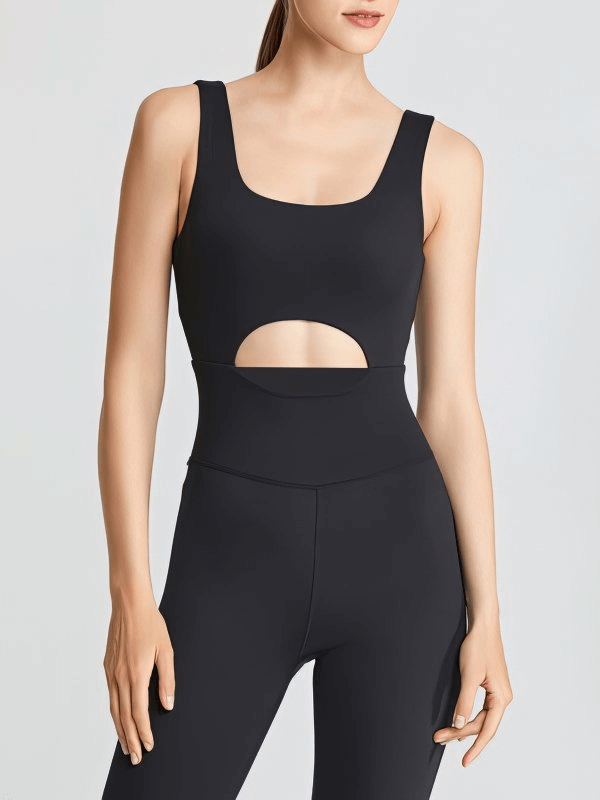 Breathable Quick Dry V-Back Sleeveless Yoga Jumpsuit for Women in Black, perfect for comfortable stretching and workouts.