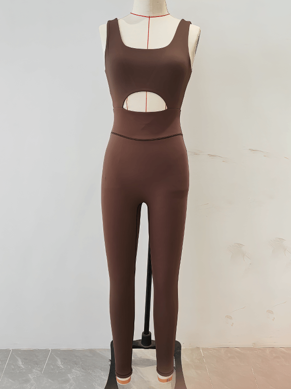 Breathable brown V-Back sleeveless yoga jumpsuit for women displayed on mannequin, designed for comfort and mobility.