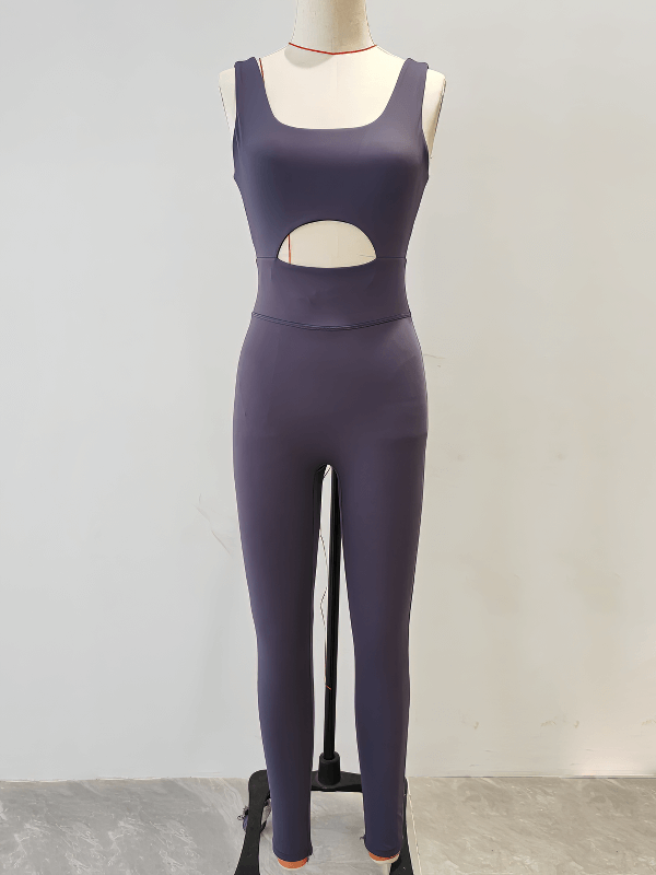 Breathable quick dry women's V-back sleeveless yoga jumpsuit in purple, ideal for workouts, SF1022.
