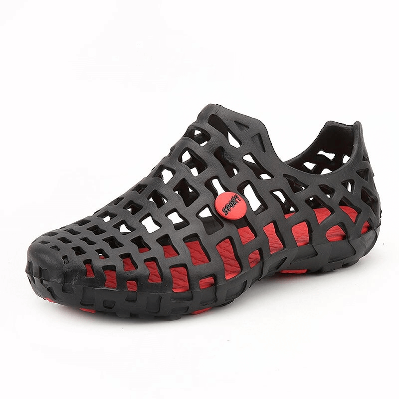 Black and red unisex breathable rubber beach slippers with durable synthetic material and quick-dry design perfect for outdoor activities.