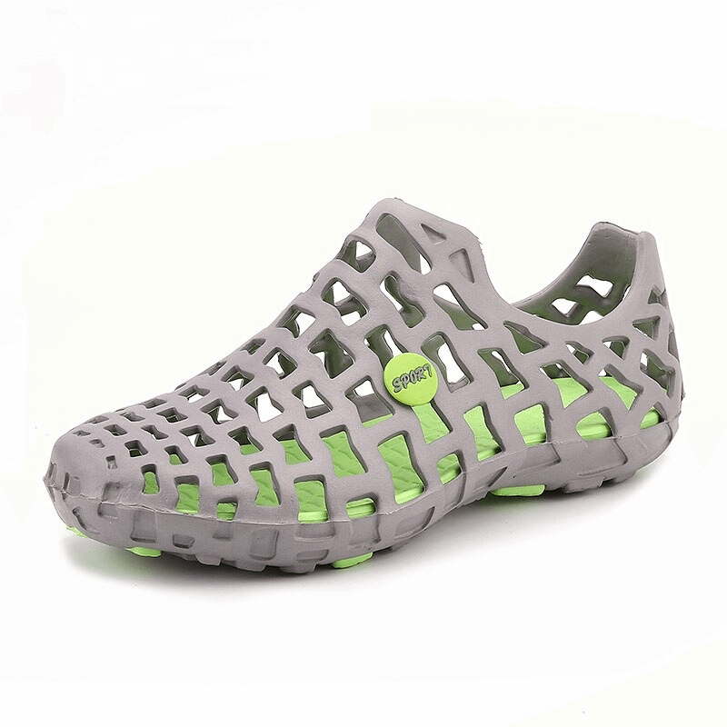 Unisex breathable rubber beach slippers, SF0259, gray with green accents, perfect for outdoor activities and water sports.