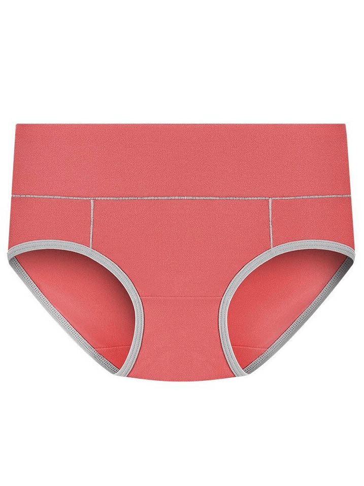 Breathable mid-waist solid color briefs for women with grey trim, offering comfort and full coverage in coral pink.