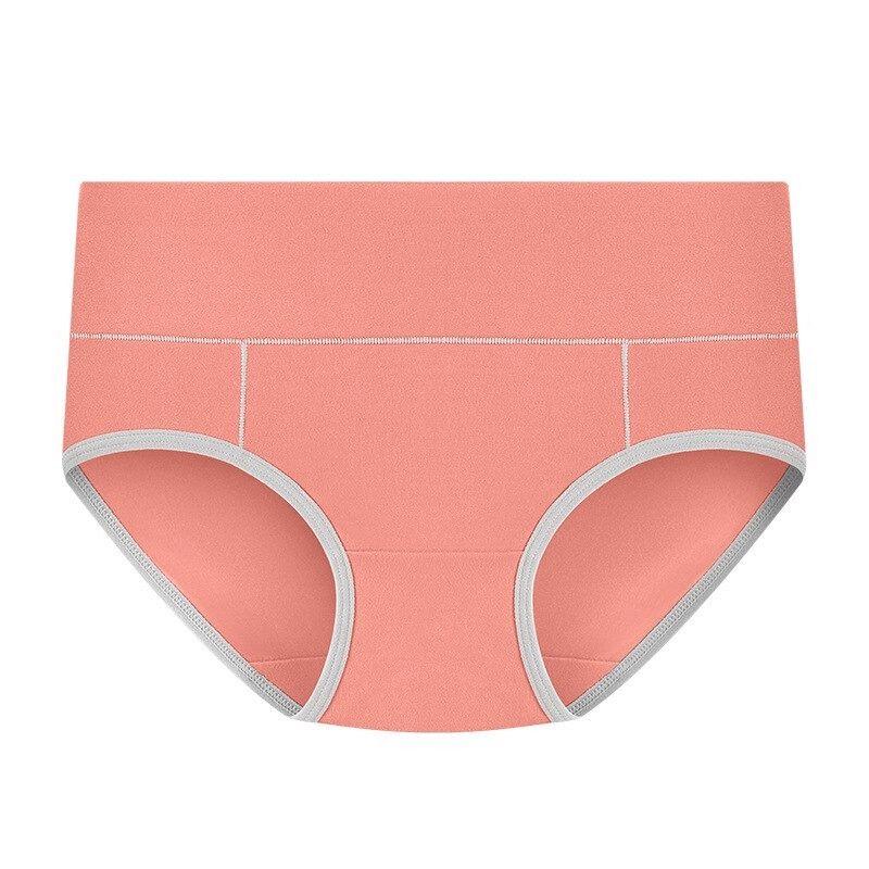 Coral solid color mid-waist breathable women's briefs, made from polyester and spandex for comfort and full coverage.