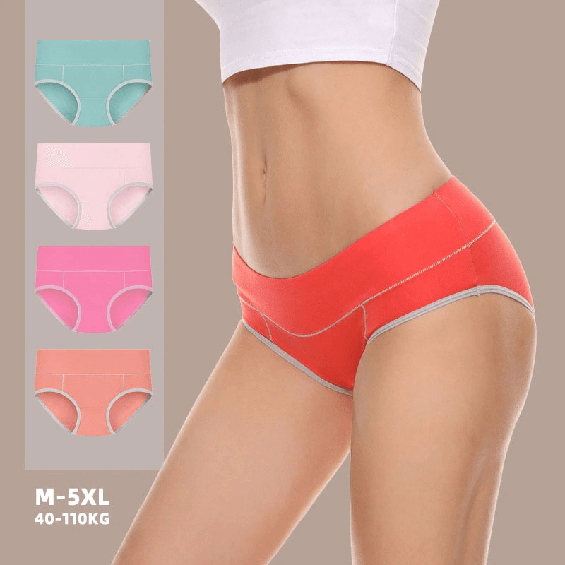 Colorful breathable mid-waist briefs for women, sizes M-5XL, showcasing solid color options on a model.