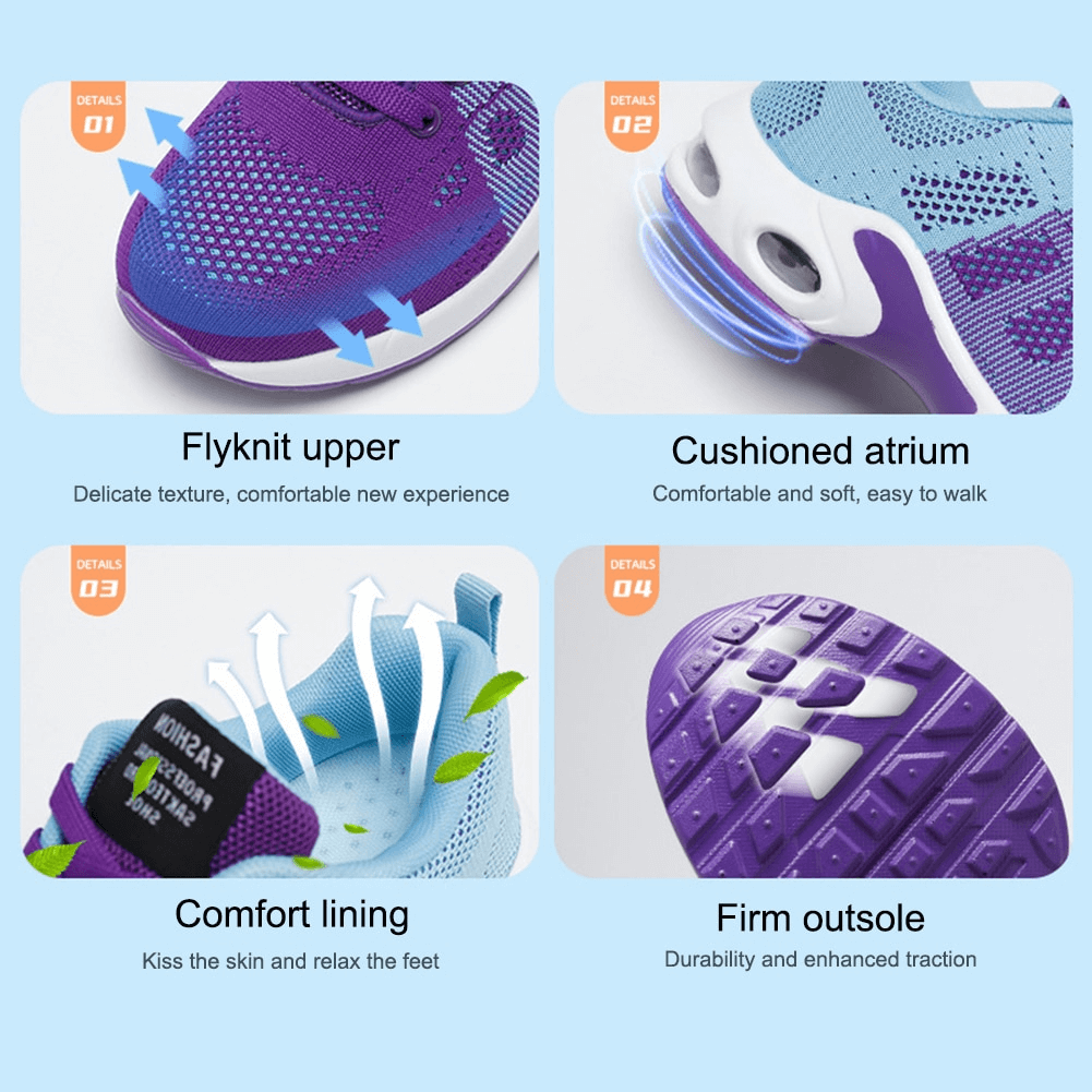 Collage of breathable lace-up running shoes highlighting cushioned atrium, flyknit upper, comfort lining, and firm outsole.