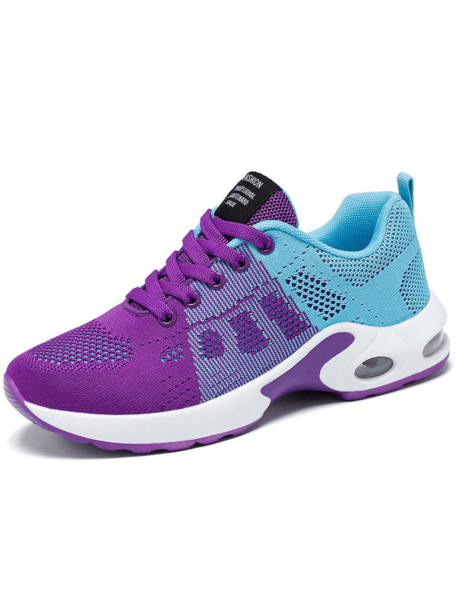 Purple and blue breathable lace-up running shoes with cushioned sole, ideal for comfort and durability on active runs.