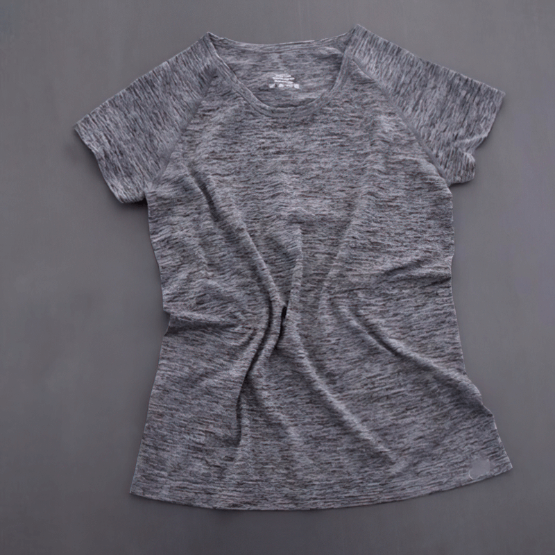 Gray breathable women's short sleeves t-shirt, perfect for yoga and jogging, featuring quick-dry and anti-shrink fabrics.