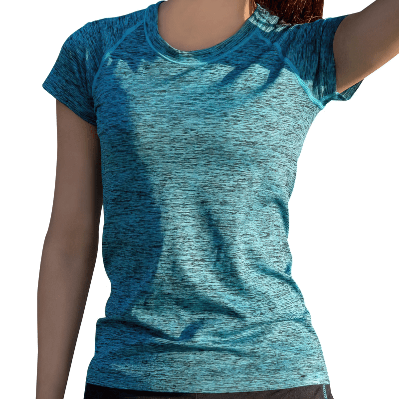 Woman wearing breathable short sleeve quick-dry sports t-shirt ideal for yoga and jogging, in blue nylon and polyester fabric.