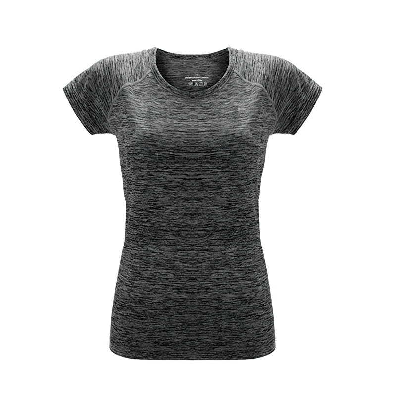 Breathable women's short sleeve quick dry t-shirt in dark gray, ideal for sports like yoga and jogging, made with nylon and polyester.
