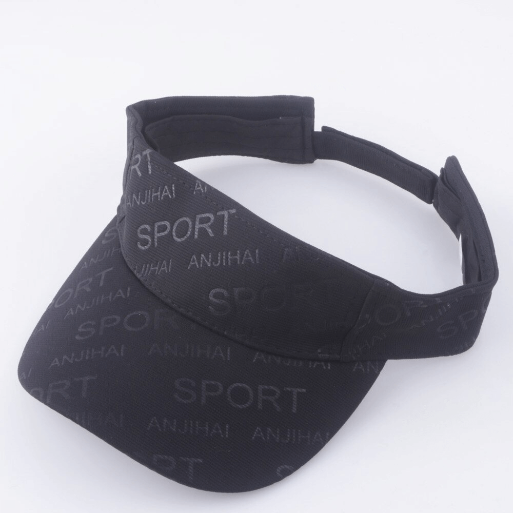 Unisex black sports visor with stylish letter pattern offering bright sun protection for casual outdoor activities. Model SF0423.