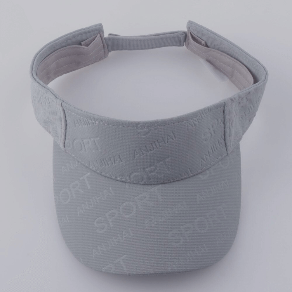 Unisex gray sports visor with letter pattern, ideal for sun protection and casual style. Durable polyester fabric. SF0423
