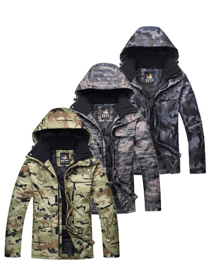 Three camouflage waterproof men's snowboard jackets with hoods, designed for warmth and protection on the slopes.