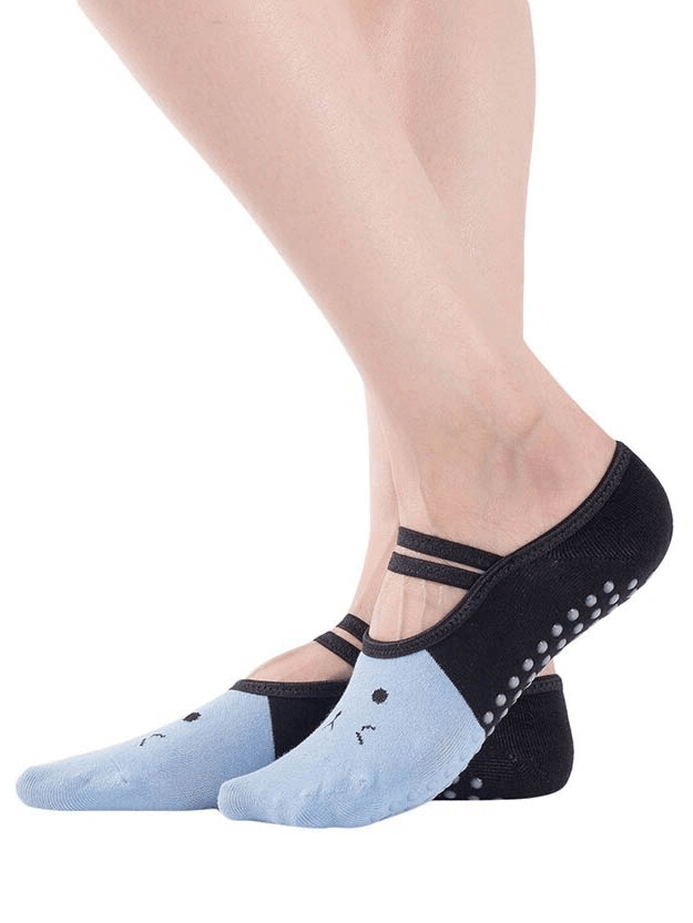 Cartoon cat print anti-slip yoga pilates socks for women, featuring blue and black design, ensuring comfort and grip during exercise.