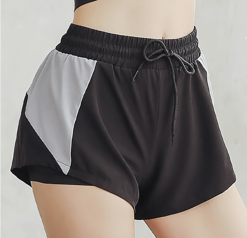 Black and gray casual breathable elastic waist sports shorts for women, perfect for fitness activities, model SF0209.