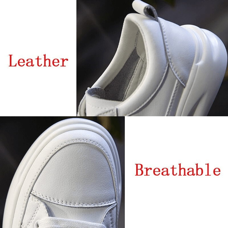 Close-up of white leather breathable lace-up sports sneakers with platform sole, featuring a stylish and comfortable design.